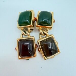 GIVENCHY Vintage Green and Brown Cabochon Square Clip-On Earrings